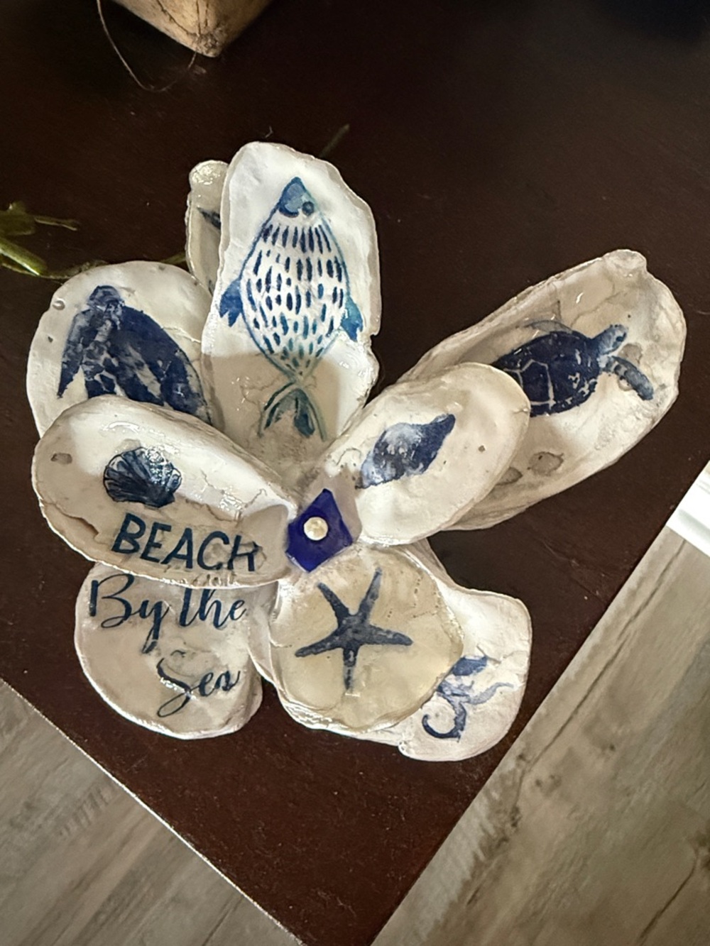 Coastal Oyster Shell Flower Art - Blue & White